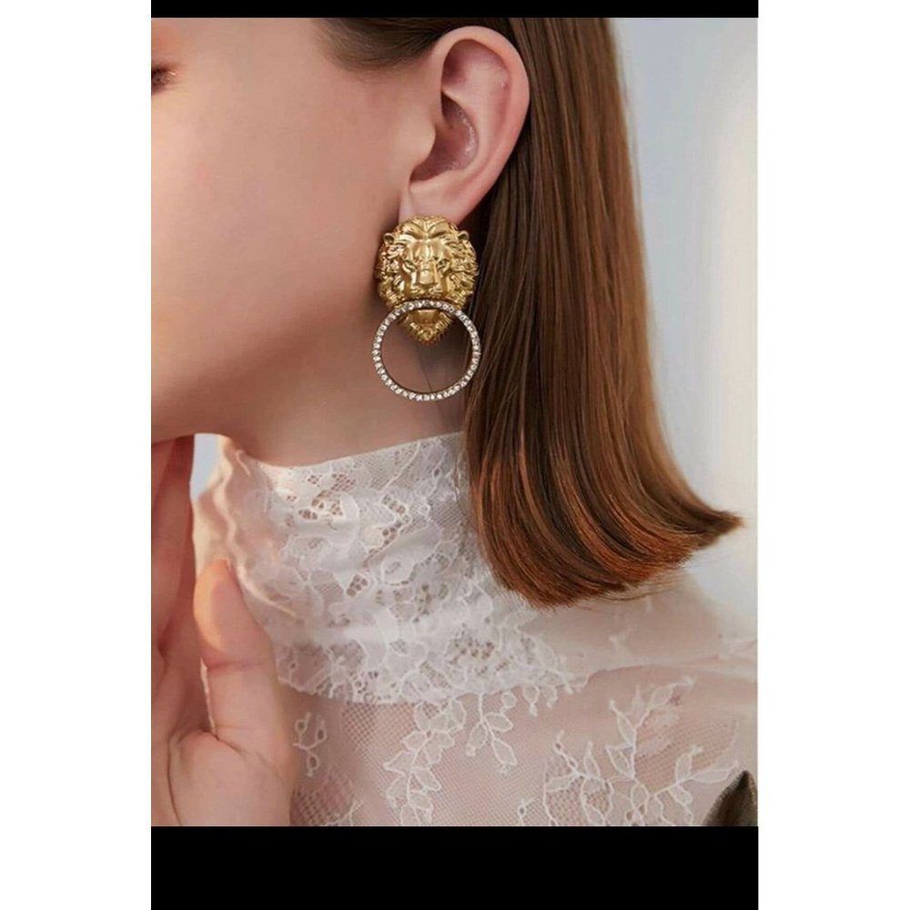 Gold Lion earrings, Lion mascot gold Lion rhinestone earrings big stud lionhead